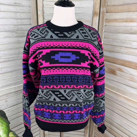 vintage Sweaters - 90s Neon Pink Purple Black Knitted Cozy Mount Cervin Sweater Size Large